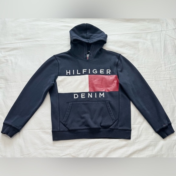 Tommy Hilfiger Women’s Hoodie Size M –Iconic Red & White Logo Hooded Sweatshirt - Picture 1 of 14